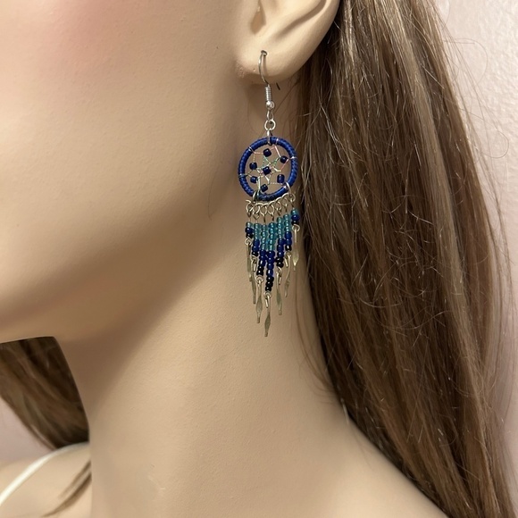 3 PAIRS of Dream Catcher Earrings Dangle Drop Refurbished Navy Pink Ivory Beaded - Picture 3 of 12